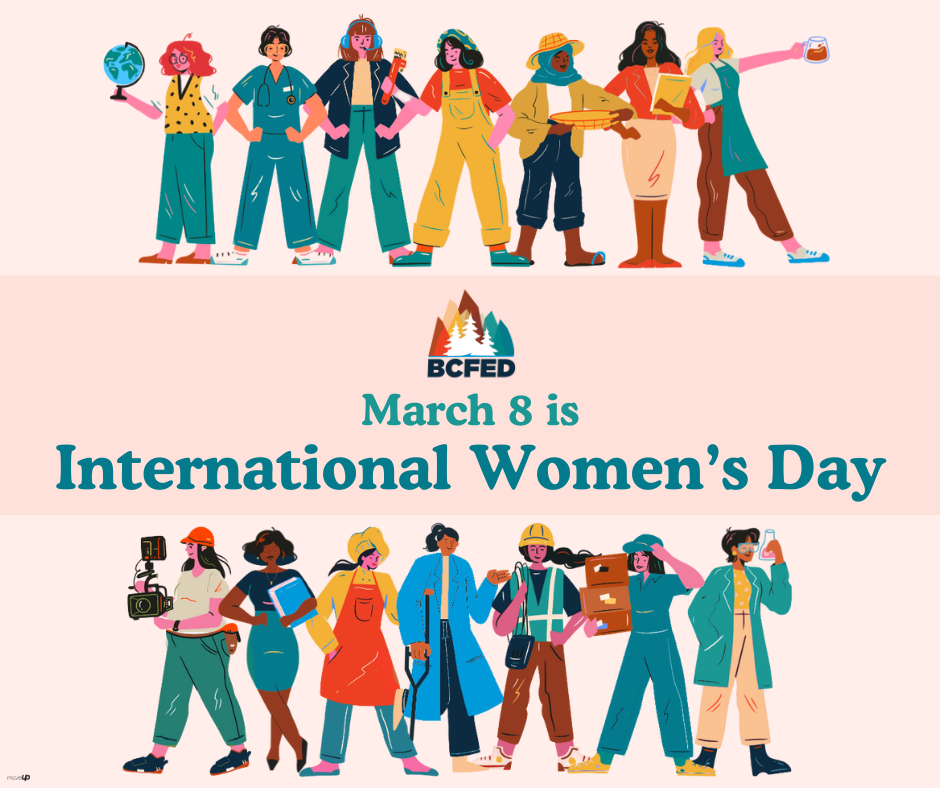 An illustration of 14 women dressed for a wide range of occupations. Text reads "March 9 is International Women's Day"