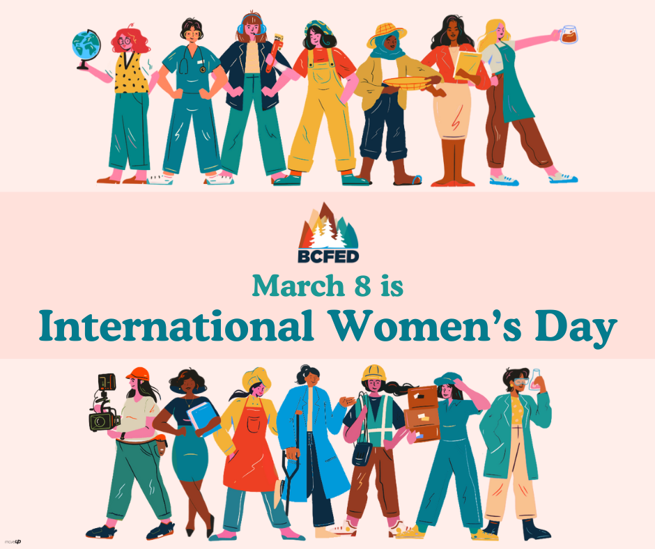 Text reads "International Women's Day is March 8: BCFED" with an illustration of about two dozen women from a range of occupations.